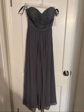 Bill Levkoff Slate Gray Strapless Lace Chiffon Gown